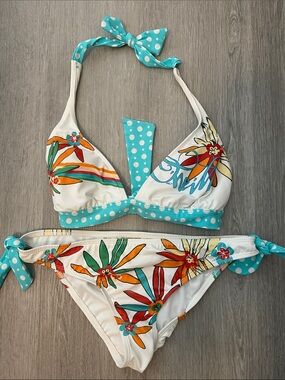 O’Neil White Floral Polka Dot Bikini Set with Aqua Accents NWOT